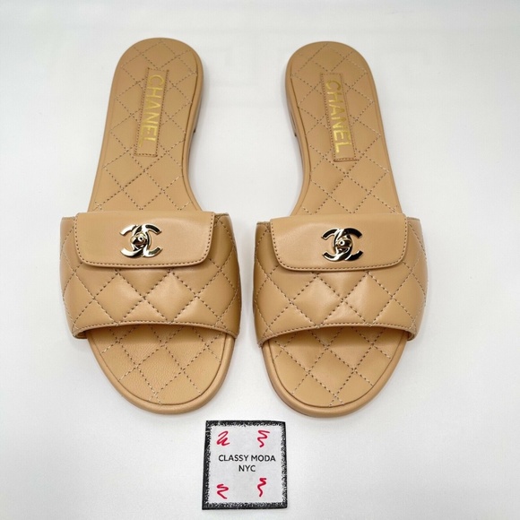 ❌❌SOLD Chanel Beige Slides Sandals Gold CC Logo Turnlock Sandal Flip Flop - Picture 2 of 13